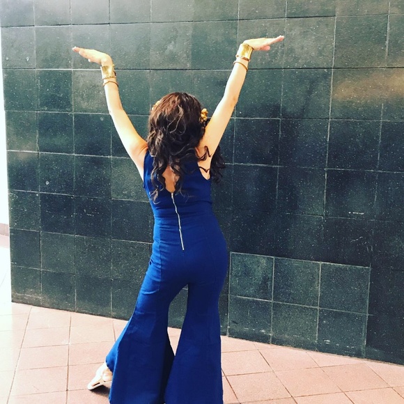 Denim Flare Bottom Jumpsuit - Picture 4 of 7